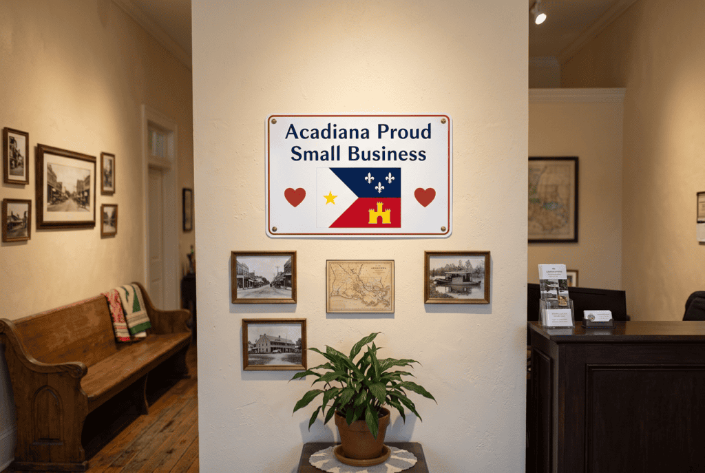Interior of Acadiana 3D Prints with small business sign on wall. Acadiana3DPrints