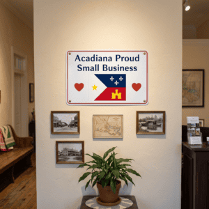 Interior of Acadiana 3D Prints with small business sign on wall. Acadiana3DPrints