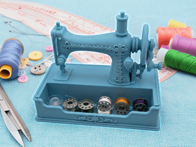 Blue miniature sewing machine with colorful thread spools and sewing tools. Acadiana3DPrints