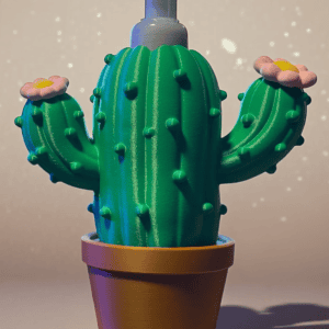 Colorful 3D printed cactus with pink flowers in a pot. Acadiana3DPrints