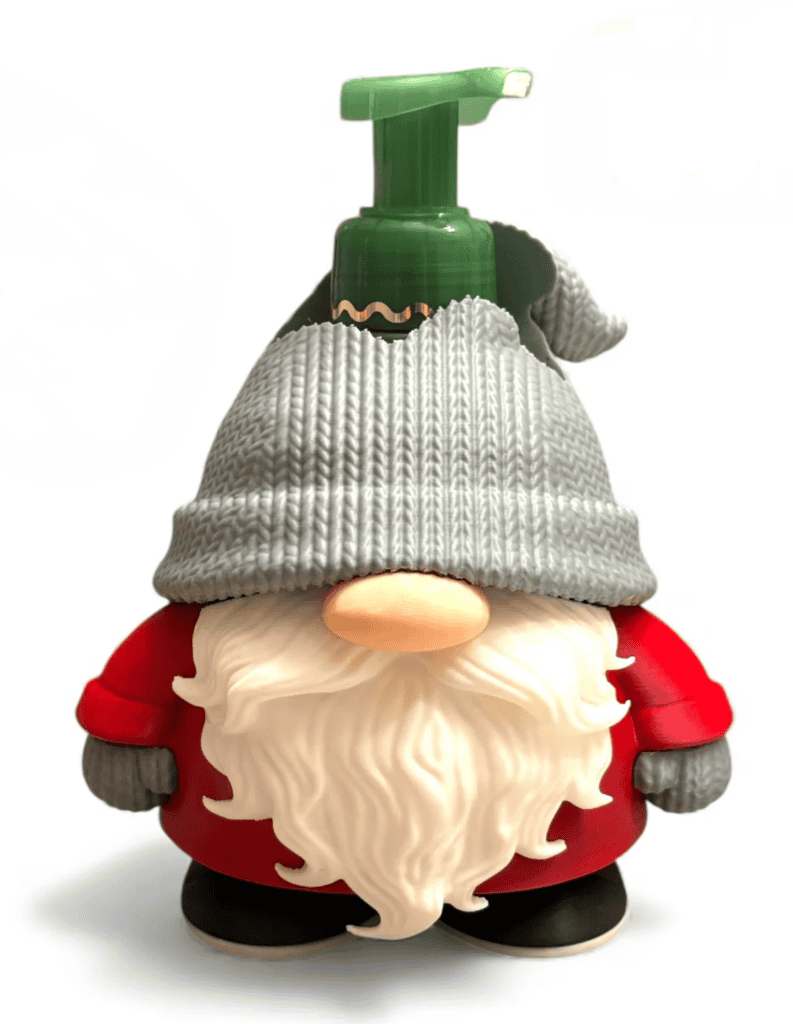 Cute gnome-shaped hand sanitizer dispenser with gray hat and red outfit. Acadiana3DPrints