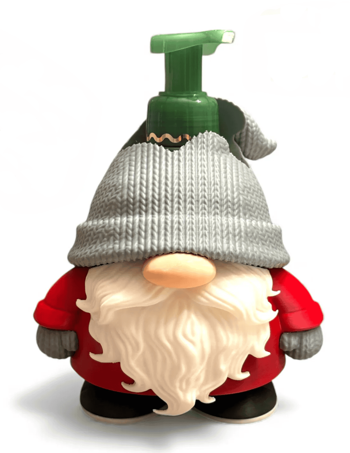 Cute gnome-shaped hand sanitizer dispenser with gray hat and red outfit. Acadiana3DPrints