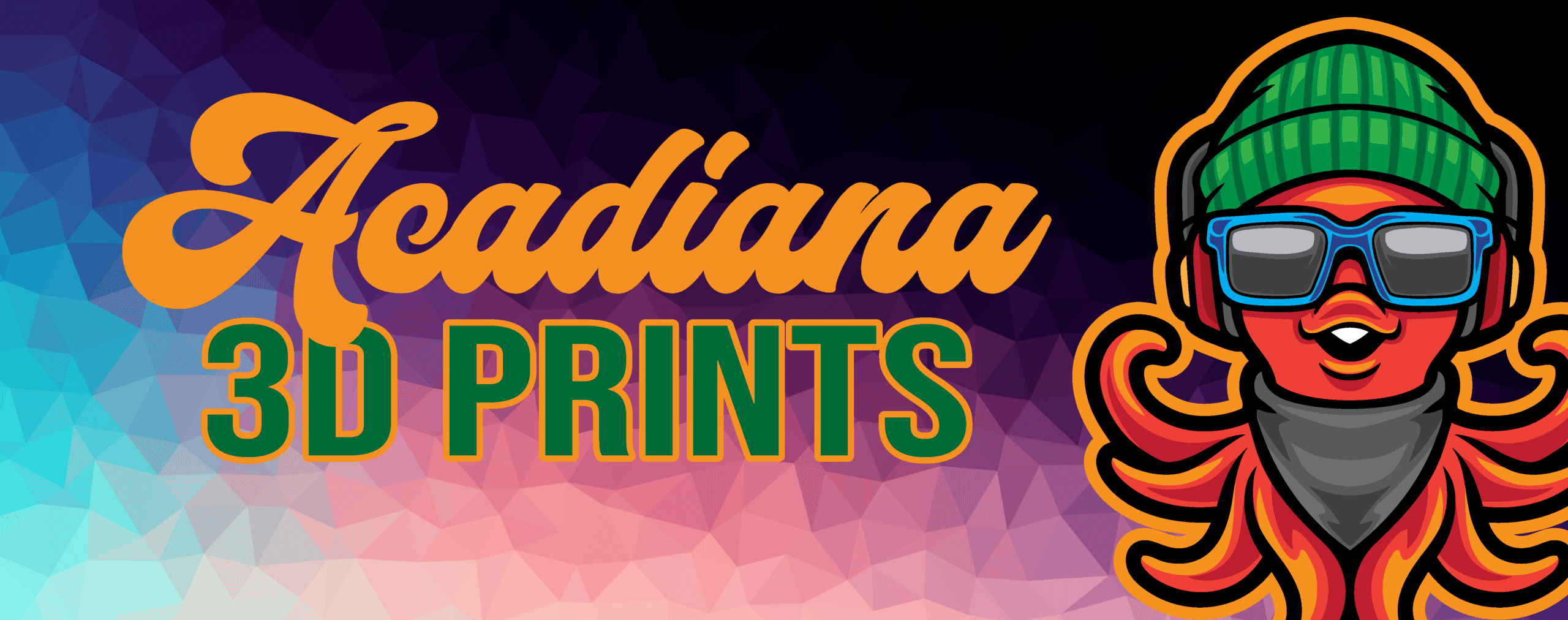 Colorful logo of Acadiana 3D Prints with cartoon character wearing sunglasses and beanie. Acadiana3DPrints