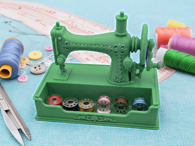 Green miniature sewing machine with colorful thread spools and sewing tools. Acadiana3DPrints