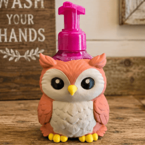 Cute owl soap dispenser with pink pump for bathroom or kitchen use. Acadiana3DPrints