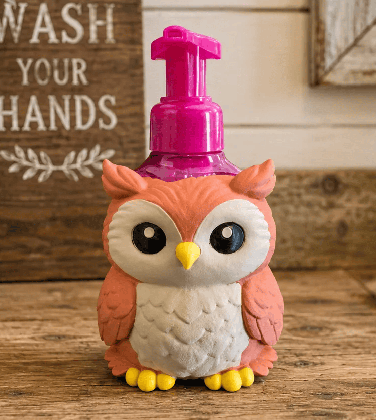 Cute owl soap dispenser with pink pump for bathroom or kitchen use. Acadiana3DPrints