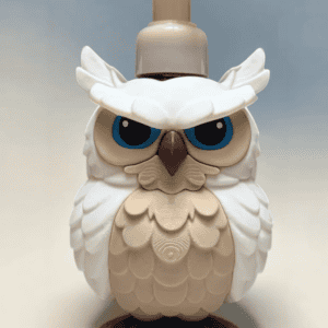 3D printed owl soap dispenser with detailed feathers and expressive eyes. Acadiana3DPrints