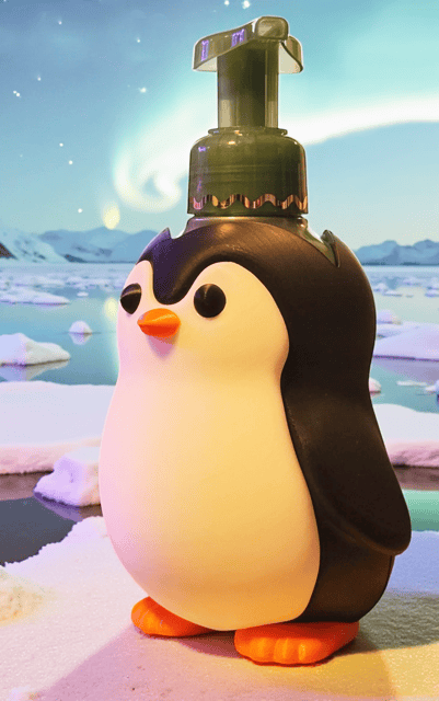 Cute penguin soap dispenser with a pump top, in an icy landscape setting. Acadiana3DPrints