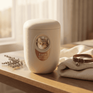 Personalized pet urn with cat photo and name Luna, in a cozy home setting. Acadiana3DPrints