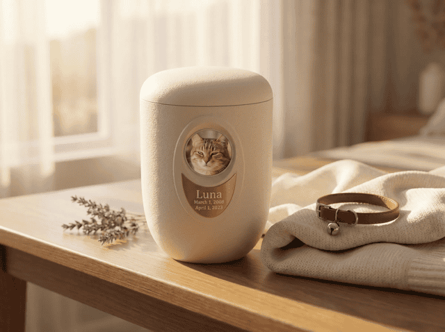 Personalized pet urn with cat photo and name Luna, in a cozy home setting. Acadiana3DPrints
