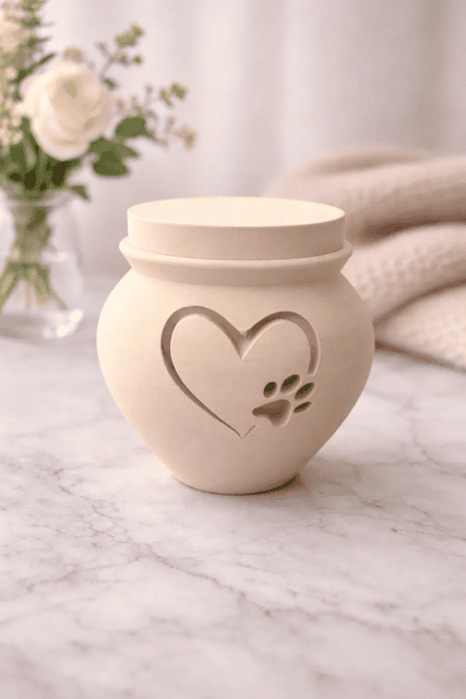 Ceramic pet urn with heart and paw print, ideal for memorial keepsakes. Acadiana3DPrints