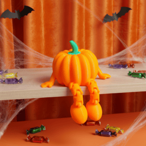 3D printed pumpkin with legs for Halloween decoration on a table. Acadiana3DPrints
