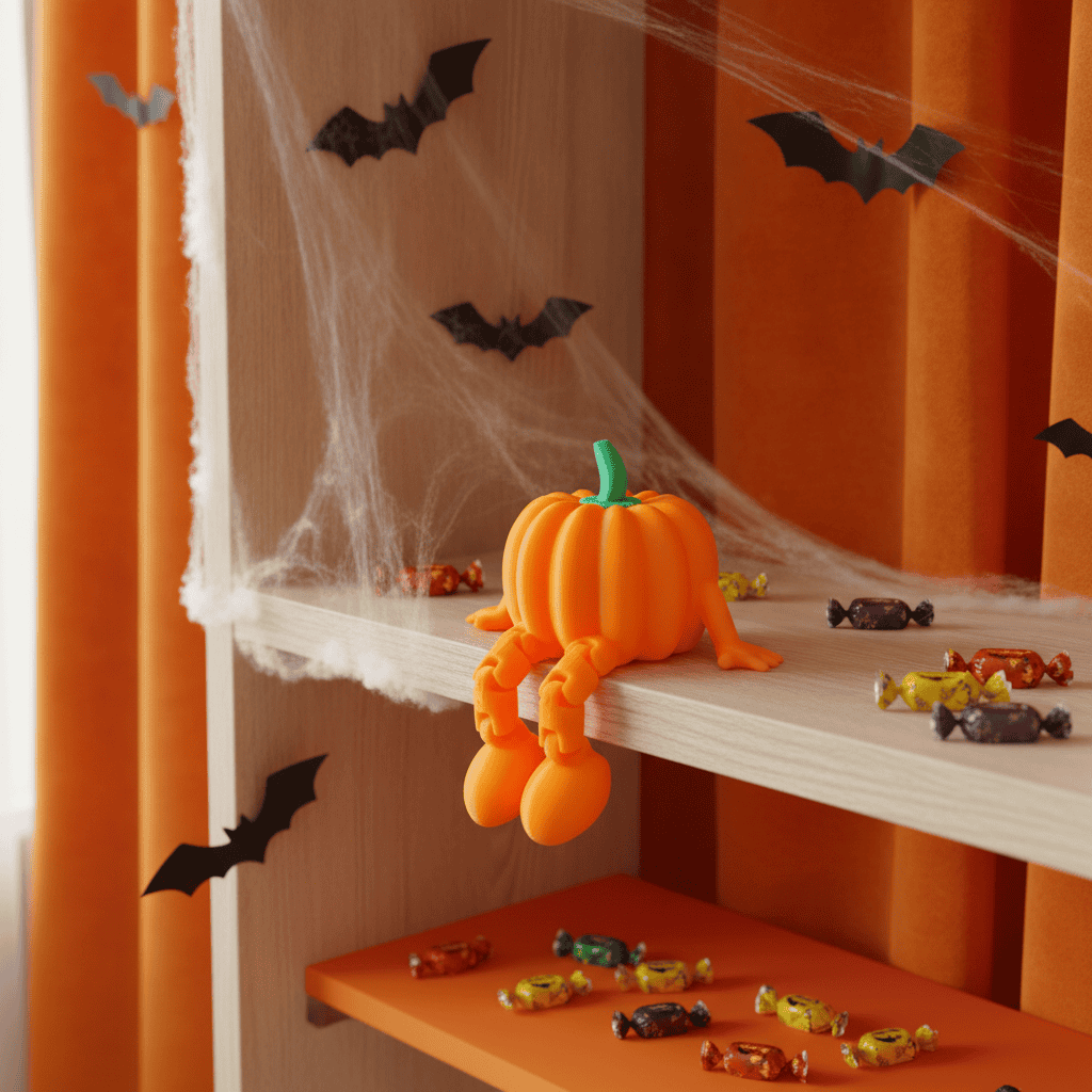 Halloween pumpkin with spider legs and hanging bats for spooky decor. Acadiana3DPrints