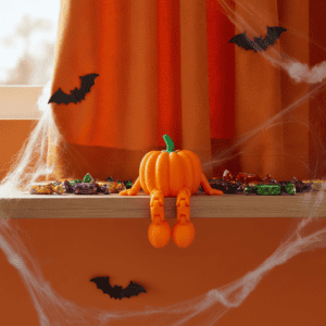 Halloween pumpkin with bat decorations and candy on orange background. Acadiana3DPrints