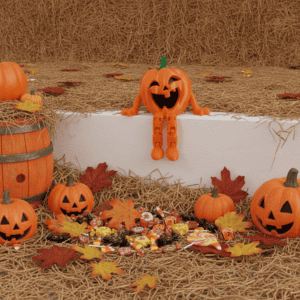Halloween pumpkin decorations with candy and autumn leaves for festive display. Acadiana3DPrints