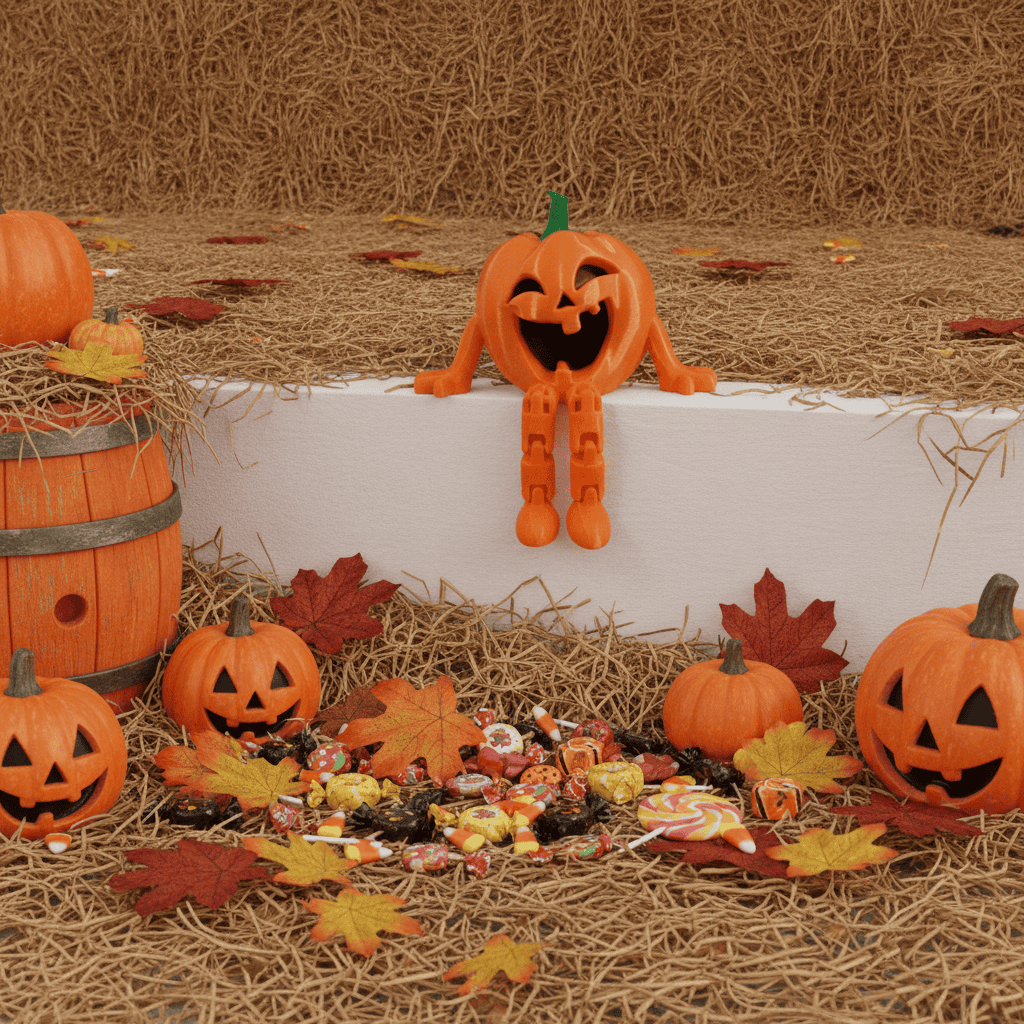 Halloween pumpkin decorations with candy and autumn leaves for festive display. Acadiana3DPrints