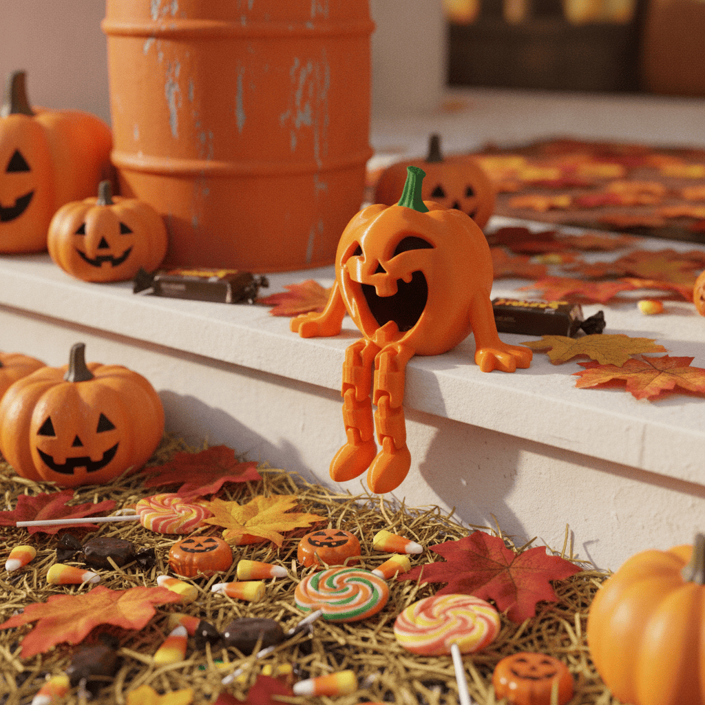 Halloween pumpkin decorations with 3D printed pumpkin buddy and fall leaves. Acadiana3DPrints