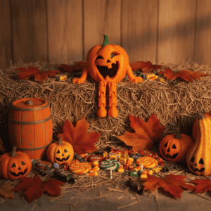 Festive Halloween pumpkin with candies and autumn leaves display. Acadiana3DPrints