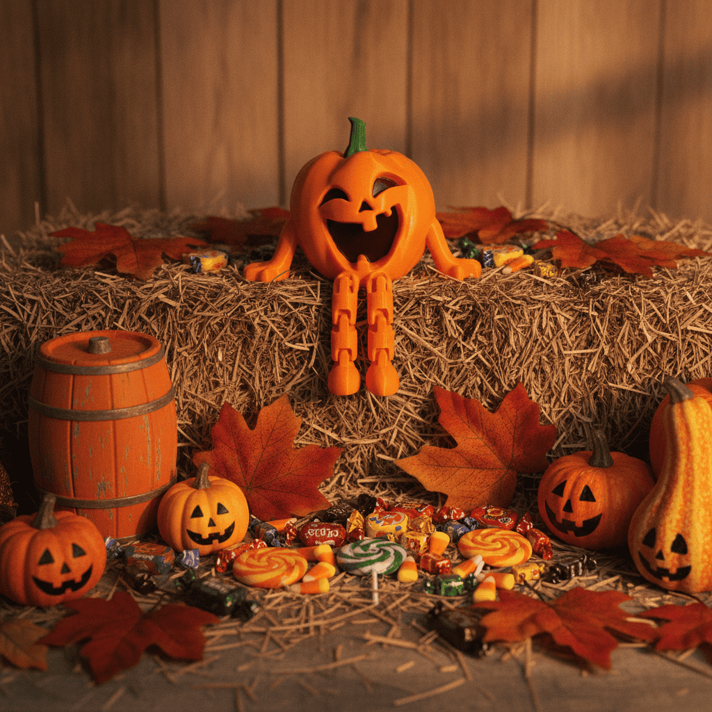 Festive Halloween pumpkin with candies and autumn leaves display. Acadiana3DPrints