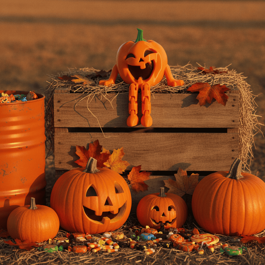 Festive Halloween pumpkins with candy and autumn leaves for seasonal decor. Acadiana3DPrints