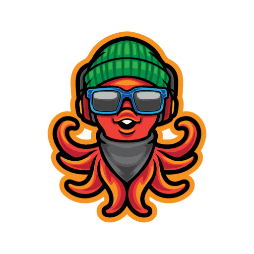 Colorful octopus mascot with sunglasses, beanie, and headphones for Acadiana Prints 3d. Acadiana3DPrints